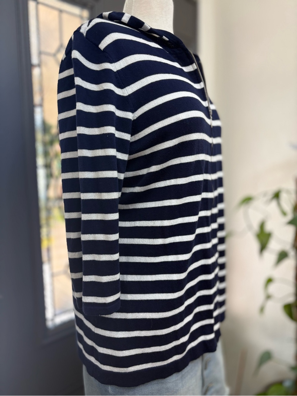 Chico's Navy and White Striped Lightweight Zip Hoodie Cardigan - Picture 4 of 8
